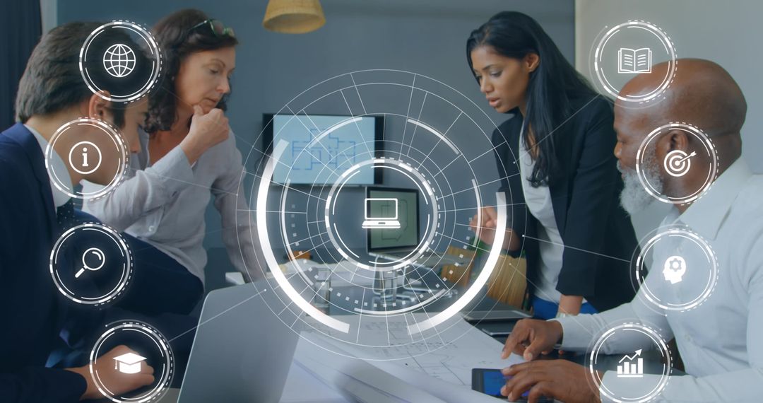 Diverse Team Implementing Digital Project with Multi-layered Interface Icons