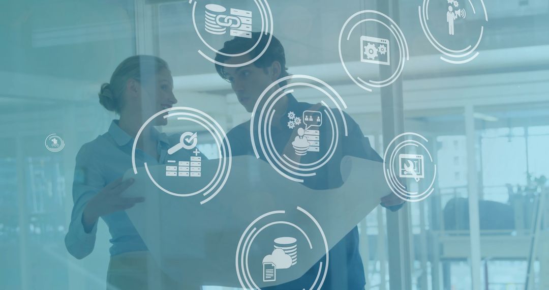 Business Team Analyzing Data with Futuristic Interface in Office