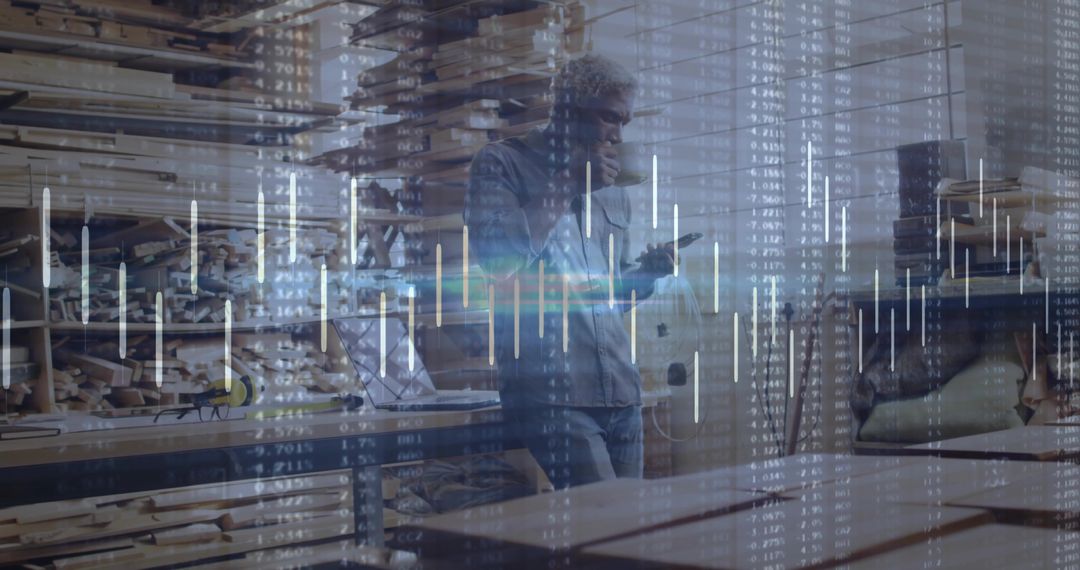 Artisan Examining Smartphone Data in Wood Workshop