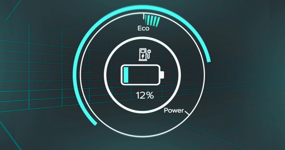Futuristic 3D Energy Gauge Displaying Low Battery 12% with Neon Cyan HUD Rings