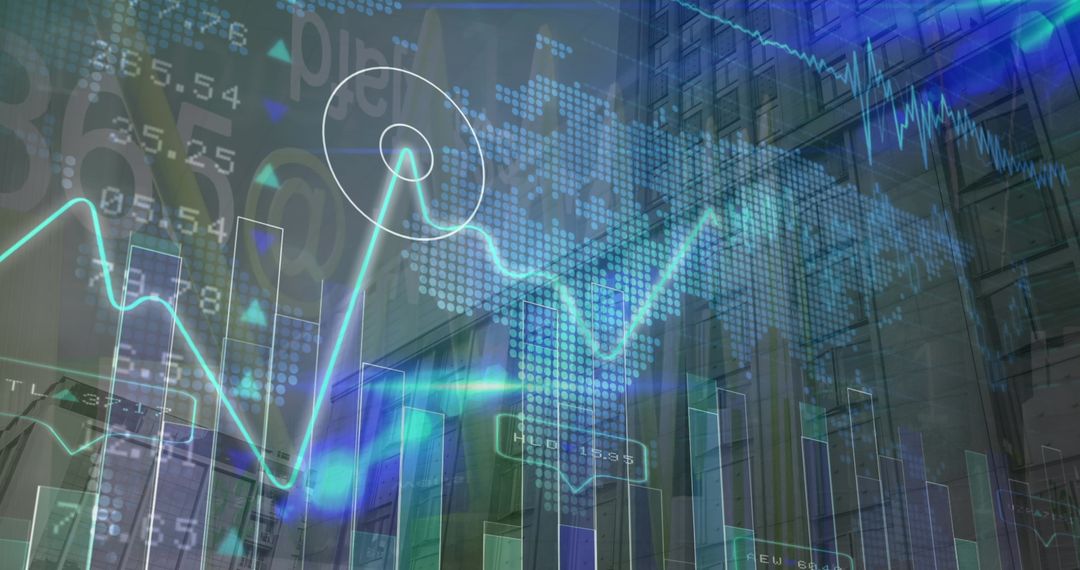 Global Financial Growth and Technology Overlaid on Urban Skyscraper