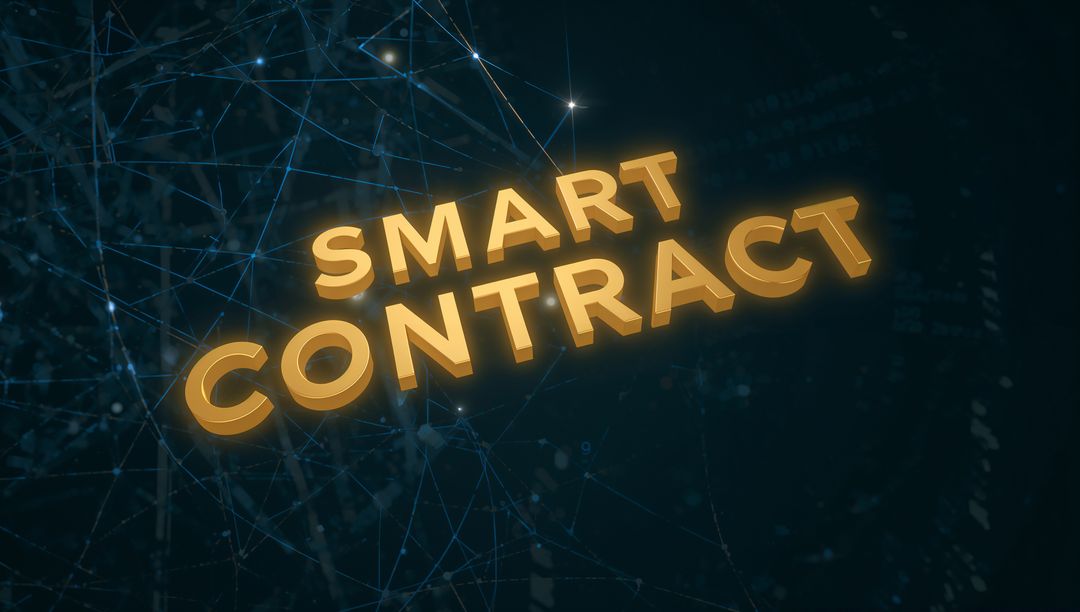 Floating Golden SMART CONTRACT 3D Text Over Blue Network Mesh Conveying Blockchain Security