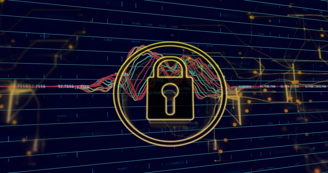 Golden padlock securing financial data visualization on dark grid analytics dashboard