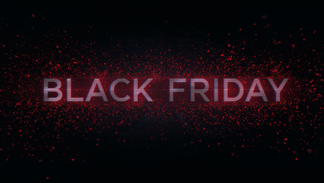 Black Friday Glitch Typography with Red Confetti and Neon Glow for Sales Campaign Banner