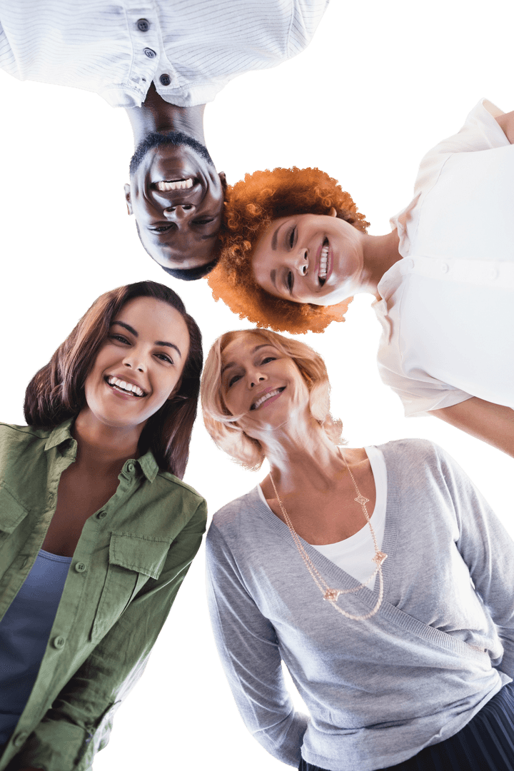 Low Angle View of Smiling Diverse Colleagues with Transparent Background
