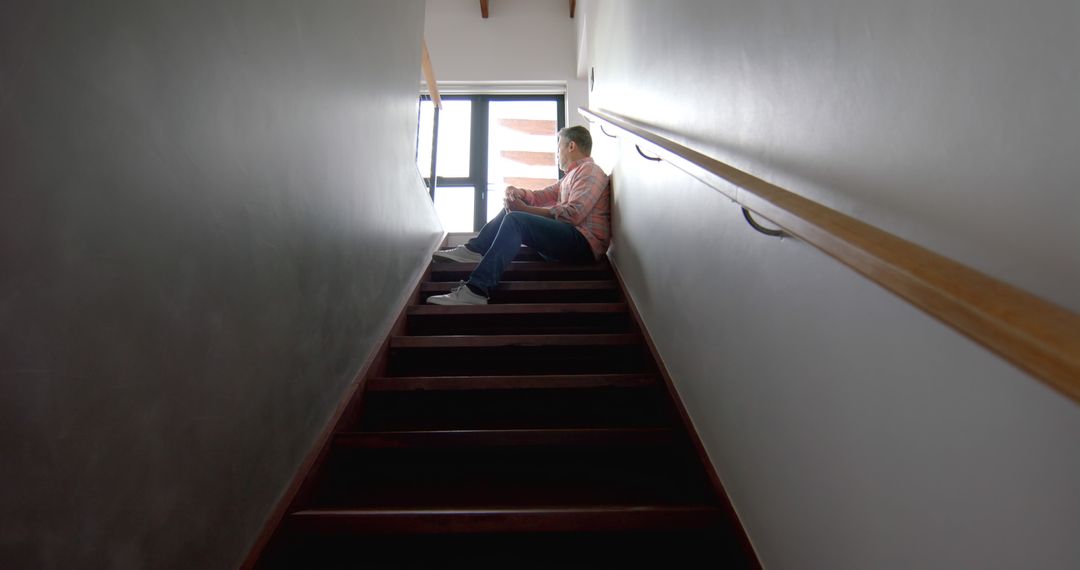 Man Sitting on Staircase Looking Thoughtful - Free Images, Stock Photos and Pictures on Pikwizard.com