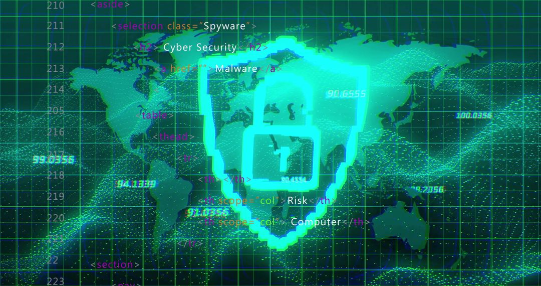 Glowing Shield and Padlock with Digital Data and Global Map
