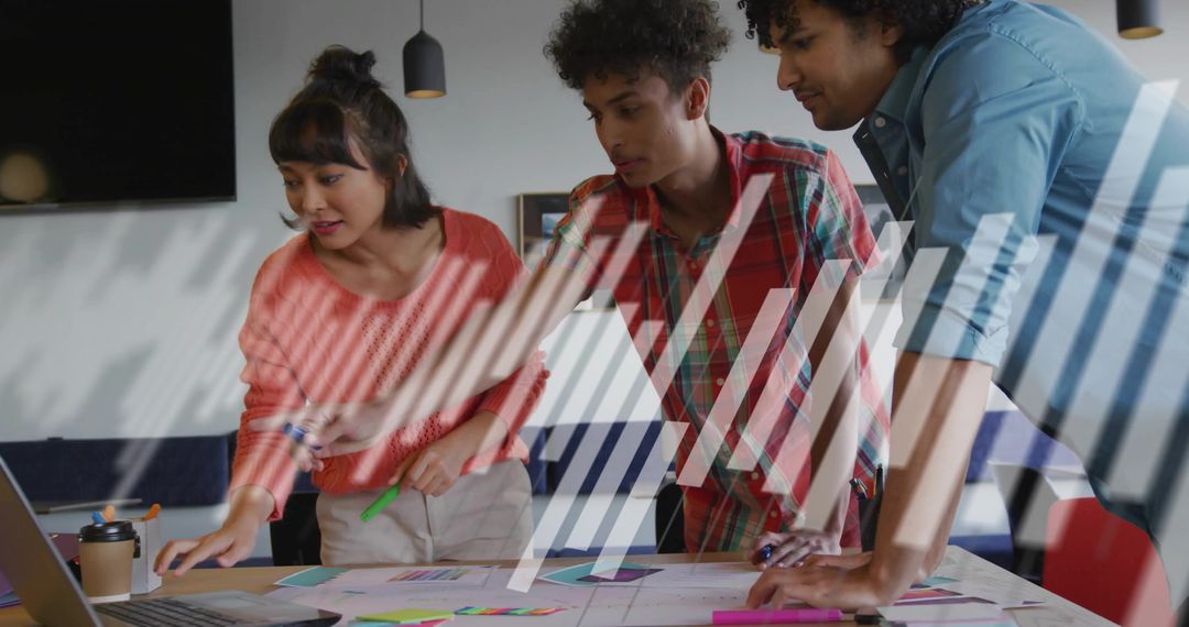 Diverse Creative Team Brainstorming in Office with Abstract Overlay