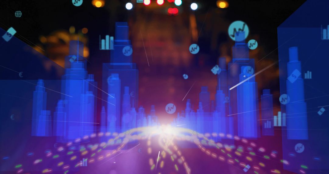 Futuristic Digital City with Data Pillars and Graph Icon Overlays