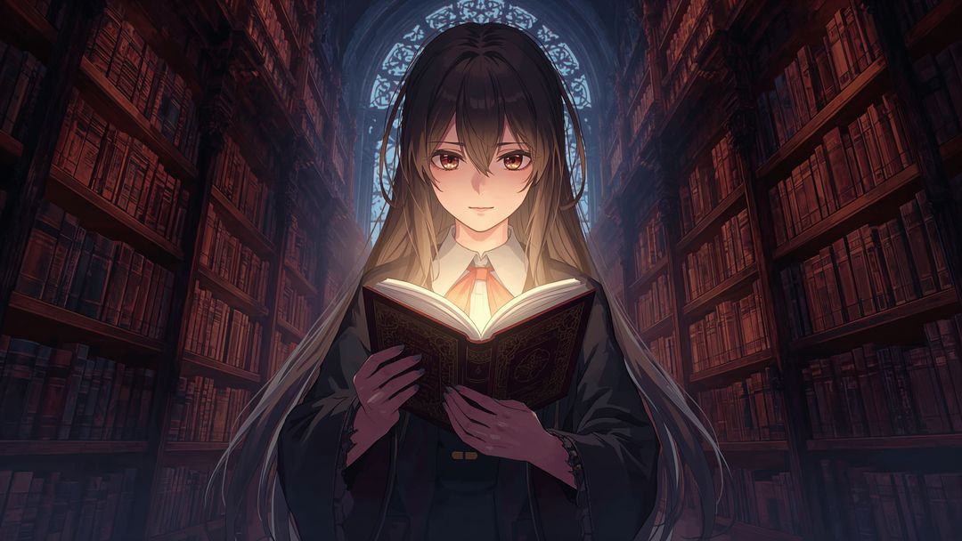 Enchanting Anime Girl with Glowing Book in Gothic Library
