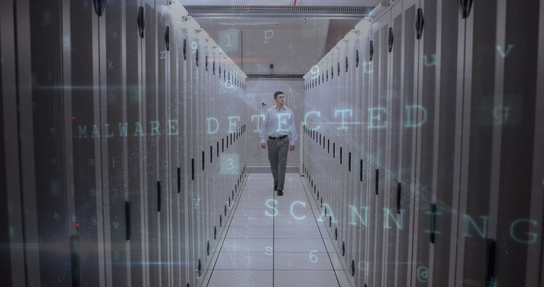 Server Room Technician with Digital Interface Display