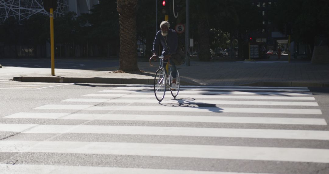 Cyclist crossing urban street at crosswalk under bright sunlight - Free Images, Stock Photos and Pictures on Pikwizard.com