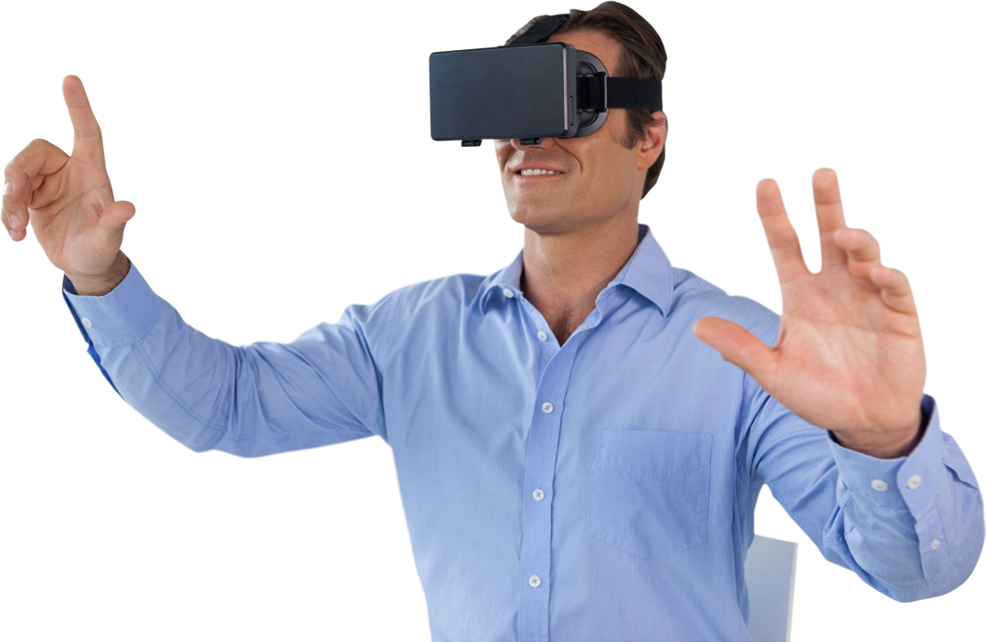 Happy Businessman Engaging with Transparent Virtual Reality Technology - Download Free Stock Images Pikwizard.com