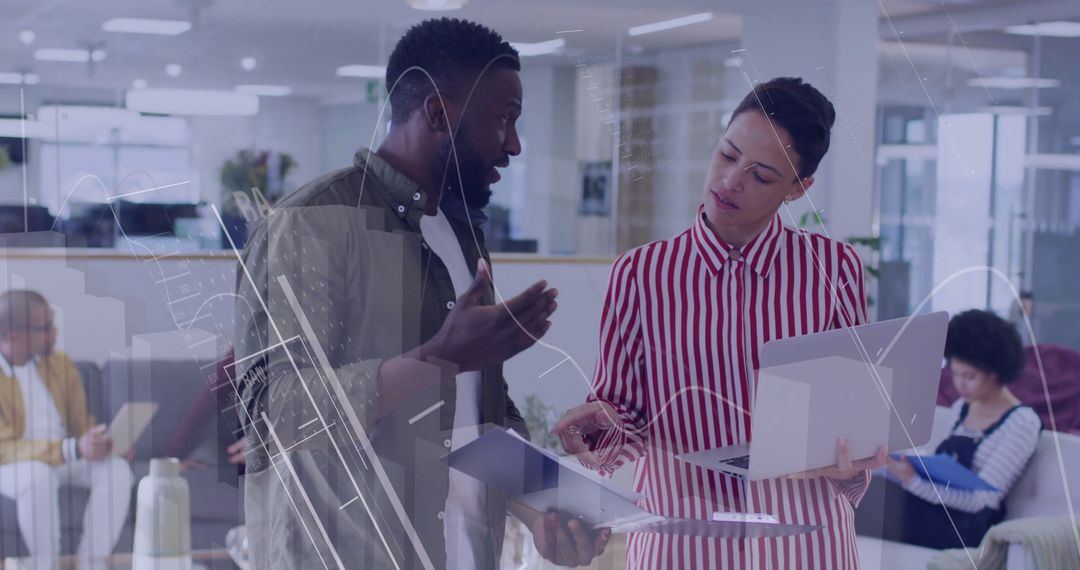 Business Professionals Collaborating in Modern Office with Digital Data Overlay