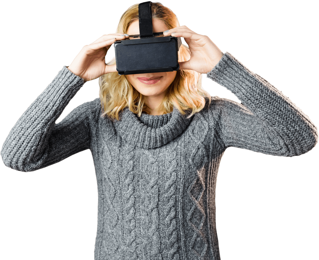 Smiling Woman Using Virtual Reality Headset Isolated With Transparent Background