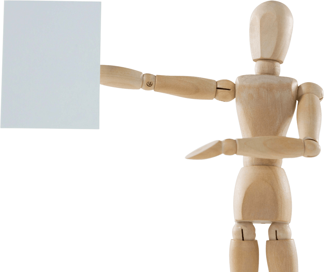 Wooden Mannequin Holding Blank Transparent Sign Isolated