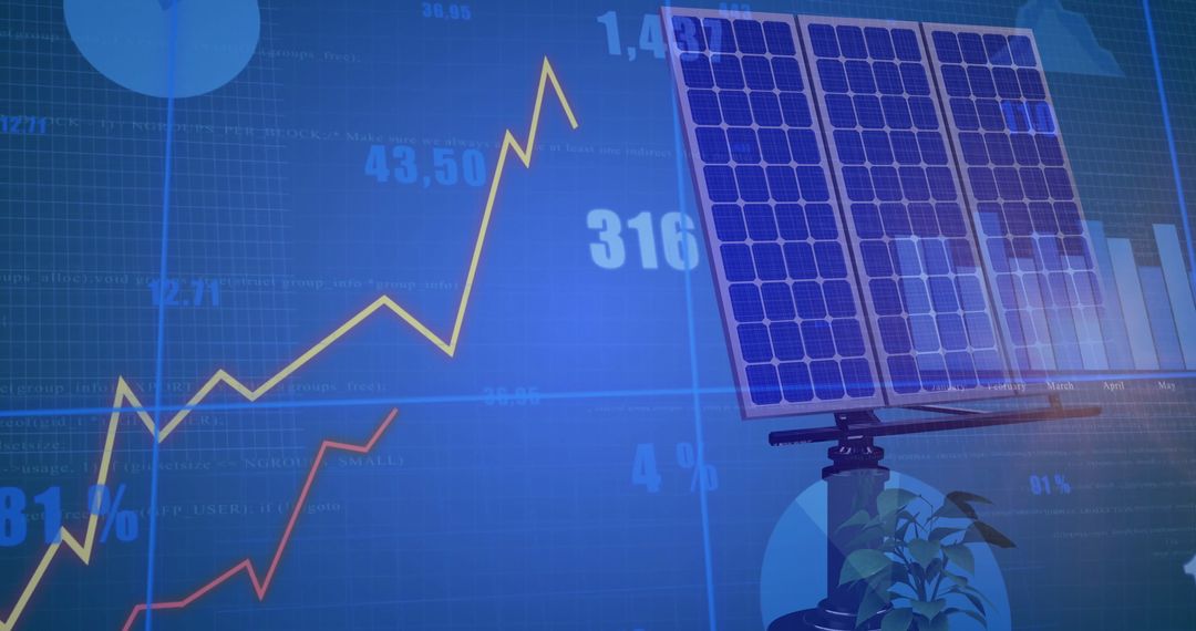 Solar Panel on Pole Overlay with Rising Financial Graphs on Blue Background