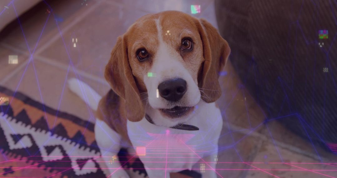 Beagle Dog with Neon Grid Overlay in Modern Home