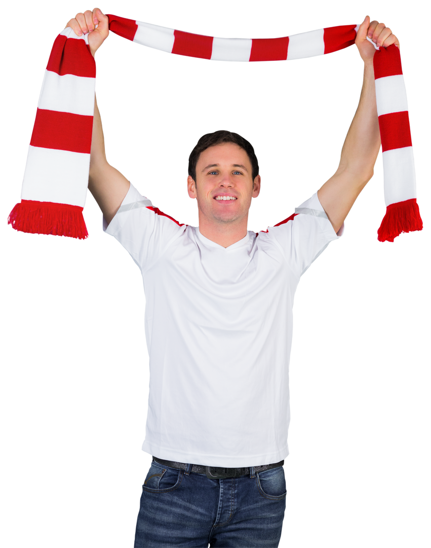 Transparent Cheering Football Fan in White Shirt Holding Red and White Scarf - Download Free Stock Images Pikwizard.com