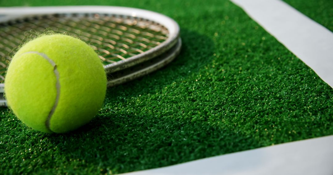 Tennis Ball and Racquet on Grass Court - Free Images, Stock Photos and Pictures on Pikwizard.com