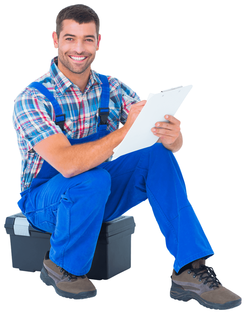 Smiling Handyman Sitting on Toolbox with Transparent Background