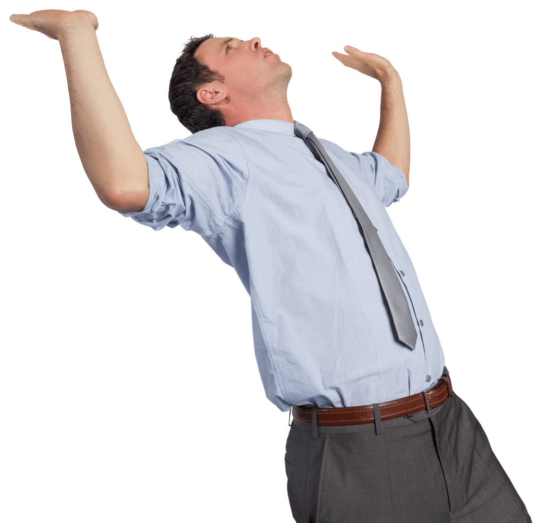 Businessman With Arched Back Raising Hands on Transparent Background