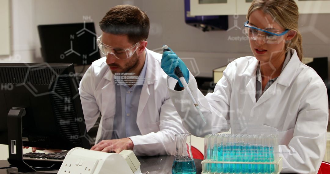 Scientists Conducting Research with Digital Interface Overlay