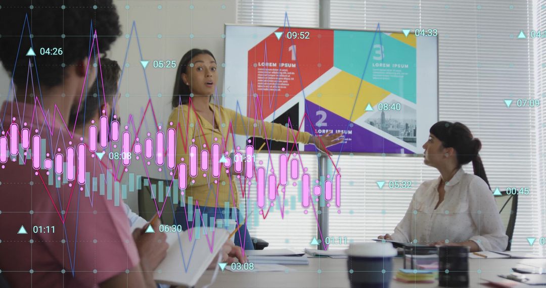 Business Presentation with Financial Analytics Overlay in Office Meeting