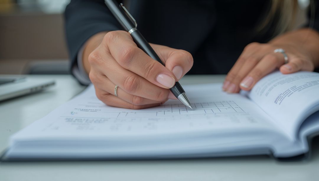 Professional Hands Filling Planner at Organized Workspace