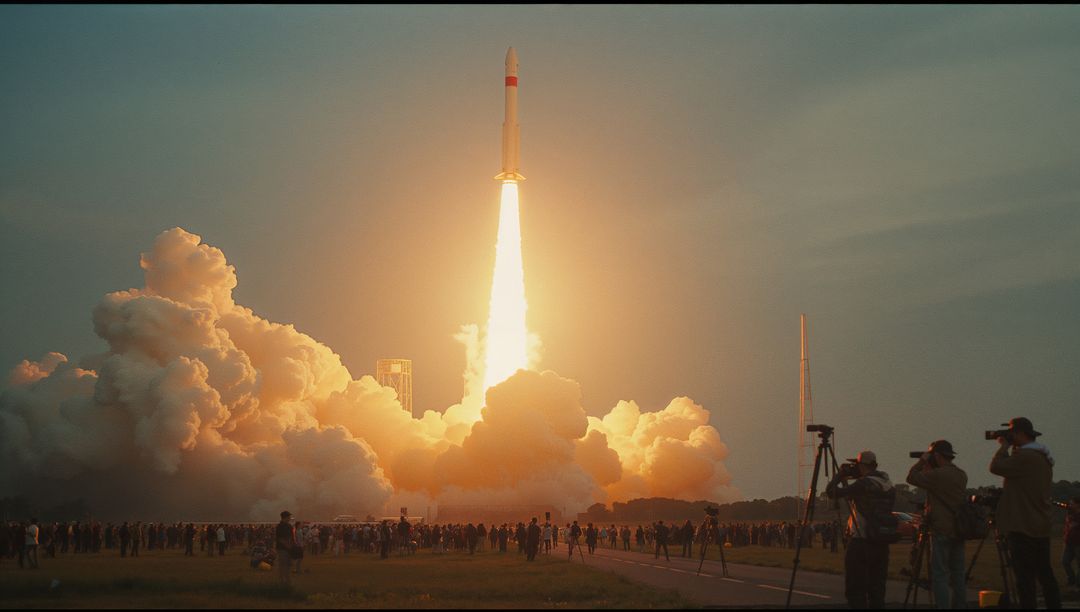 Rocket Launch Captured by Photographers at Dramatic Dusk
