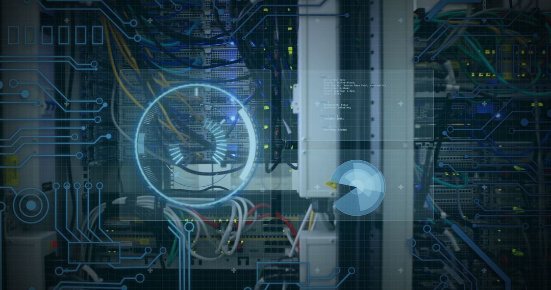 High-Tech Server Room with Digital Interface Elements