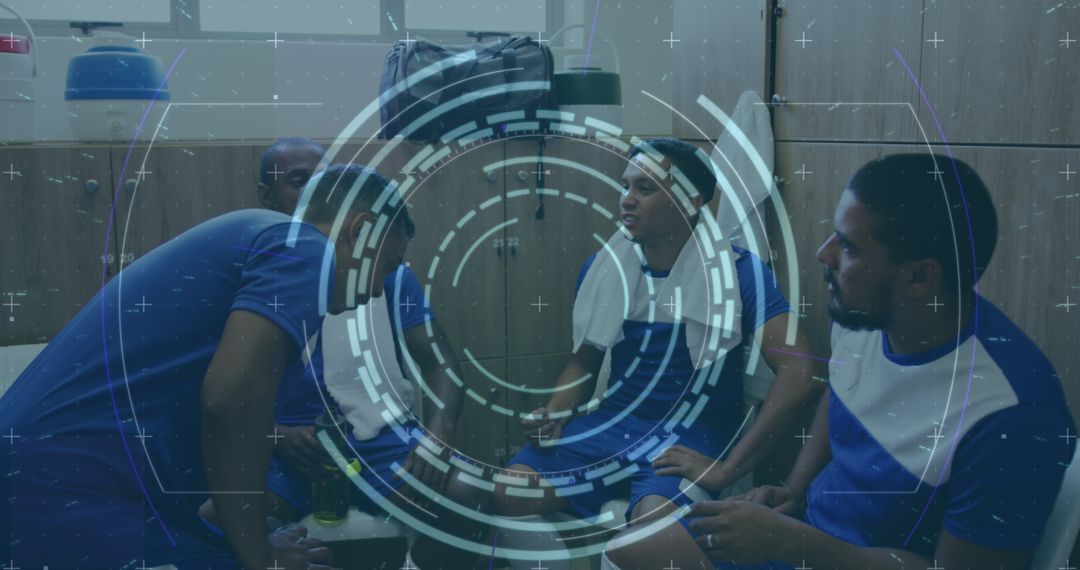 Football Players with Digital Data Overlay in Locker Room