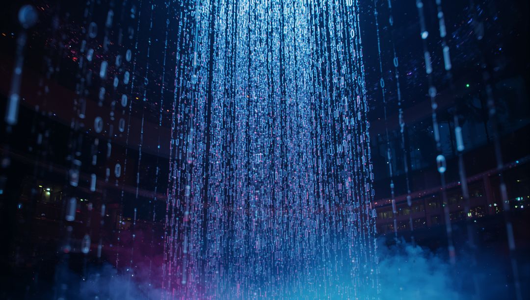 Futuristic Digital Data Cascade with Mist and LED Lights