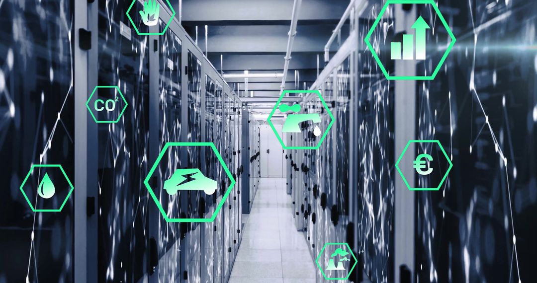 Eco Data Icons Hovering Over Server Room for Sustainable Computing