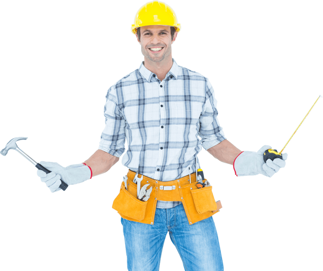 Transparent smiling workman holding hammer and measuring tape