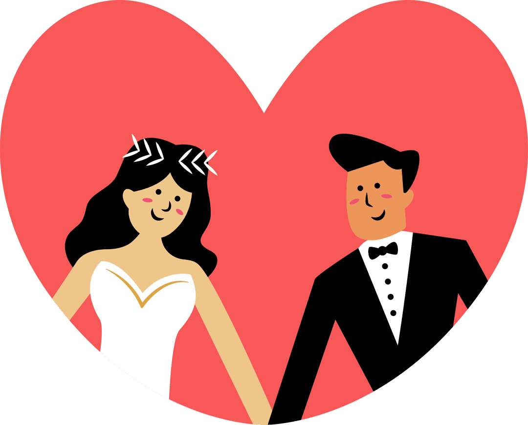 Flat Design Wedding Couple in Red Heart on Transparent Background
