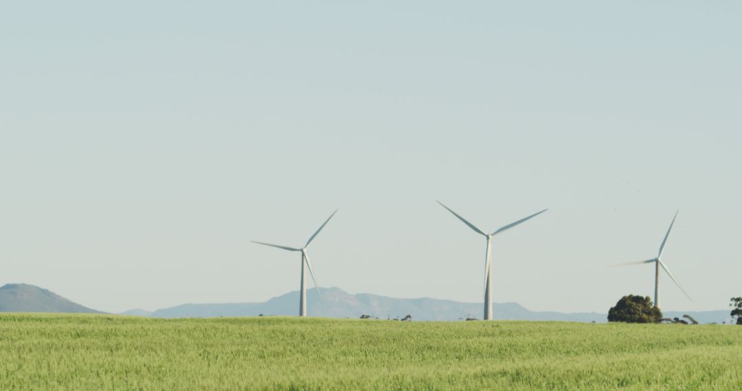 General view of wind turbines in countryside landscape with cloudless sky - Free Images, Stock Photos and Pictures on Pikwizard.com