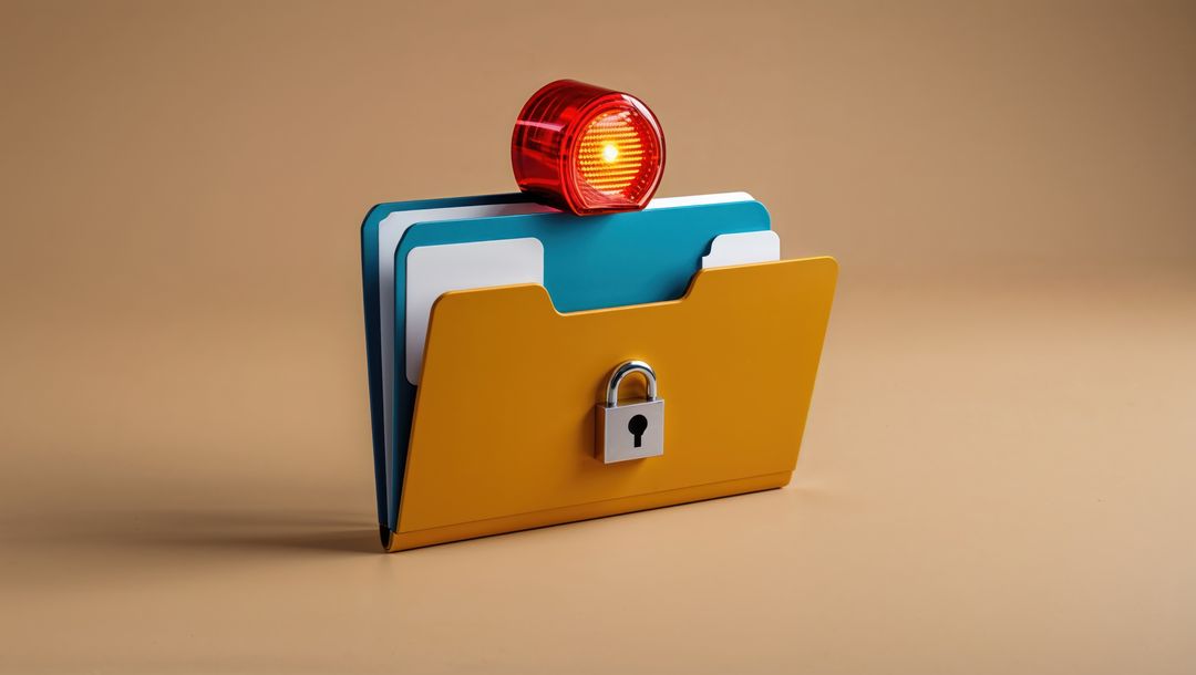Data security concept with locked folder and alarm light, criminal record protection