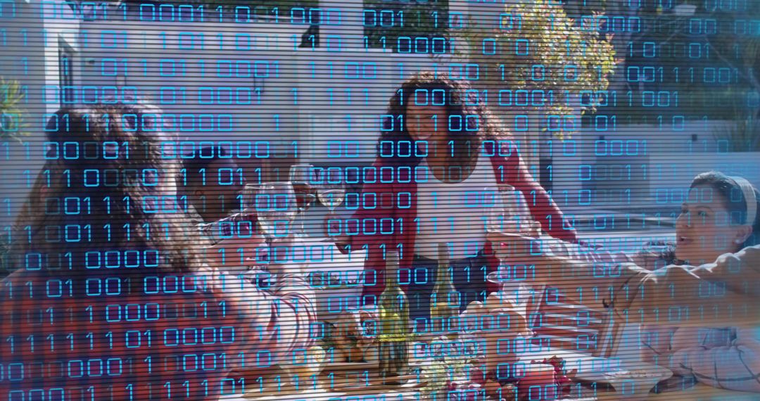 Friends enjoying alfresco dinner on deck sharing wine and food with binary code overlay