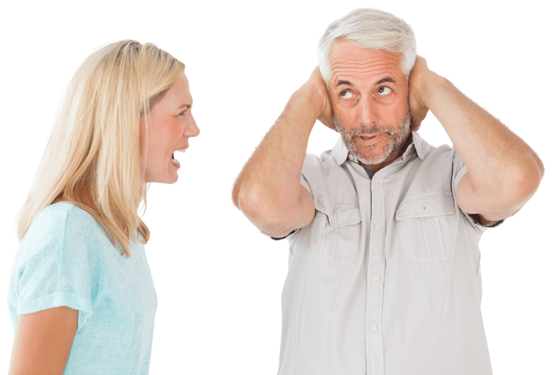 Transparent Conversation: Woman Expressing and Man Covering Ears