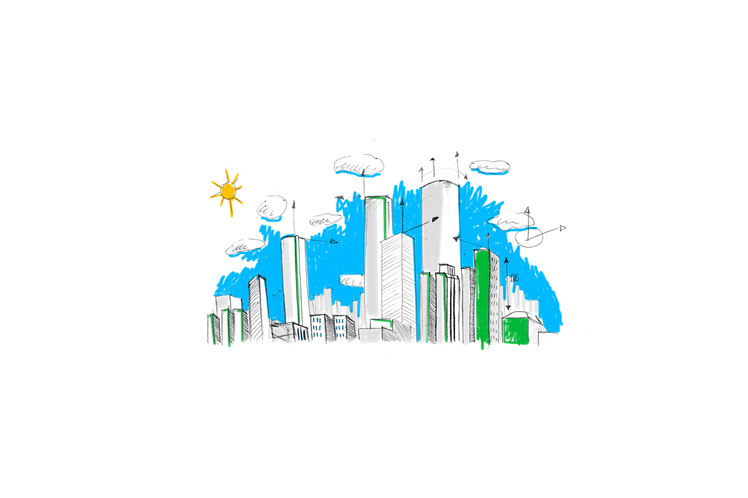 Digital Transparent Cityscape Illustration with Sun