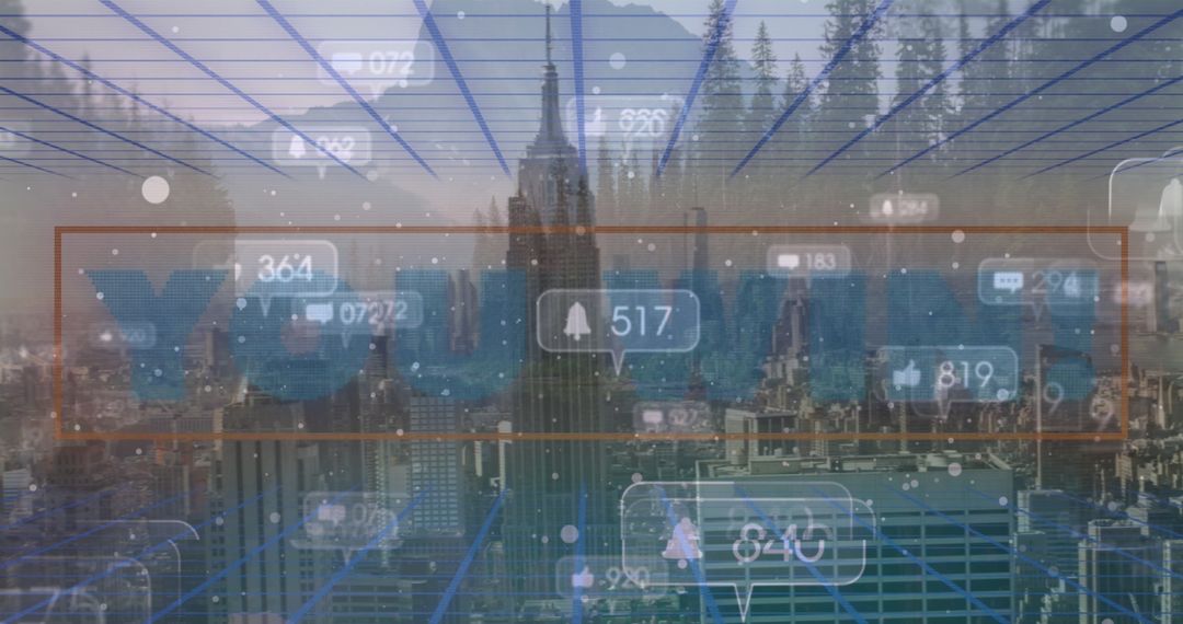 Abstract Digital Overlay of Social Media Icons on Urban Cityscape