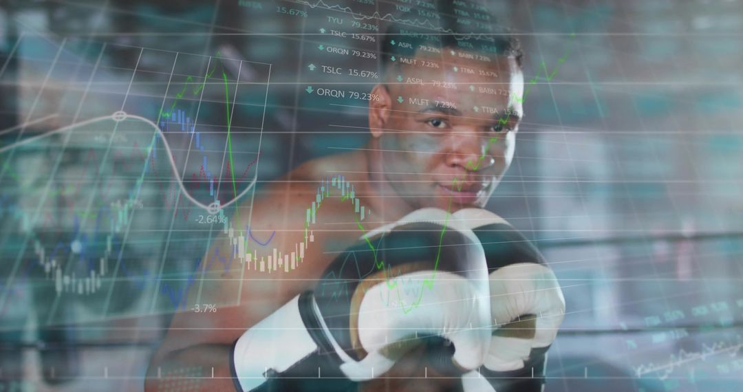 Boxer with Cryptocurrency Data Overlay, Symbolizing Power and Strategy
