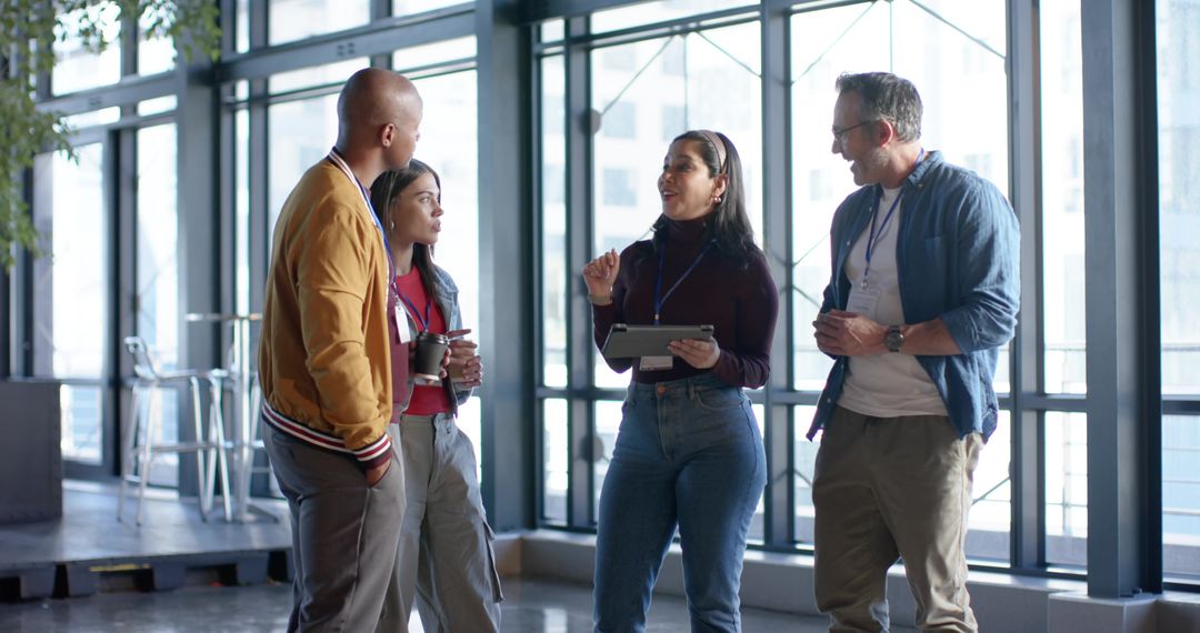 Diverse Team Collaborating in Modern Office Lobby During Networking Break