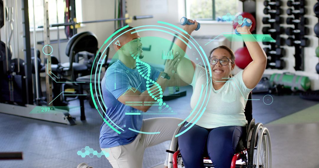 Adaptive strength training with wheelchair athlete and coach using biometric HUD overlay