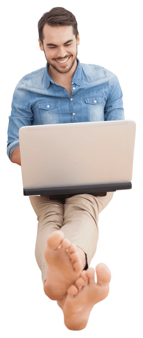 Smiling Man Sitting on Floor with Laptop, Transparent Background