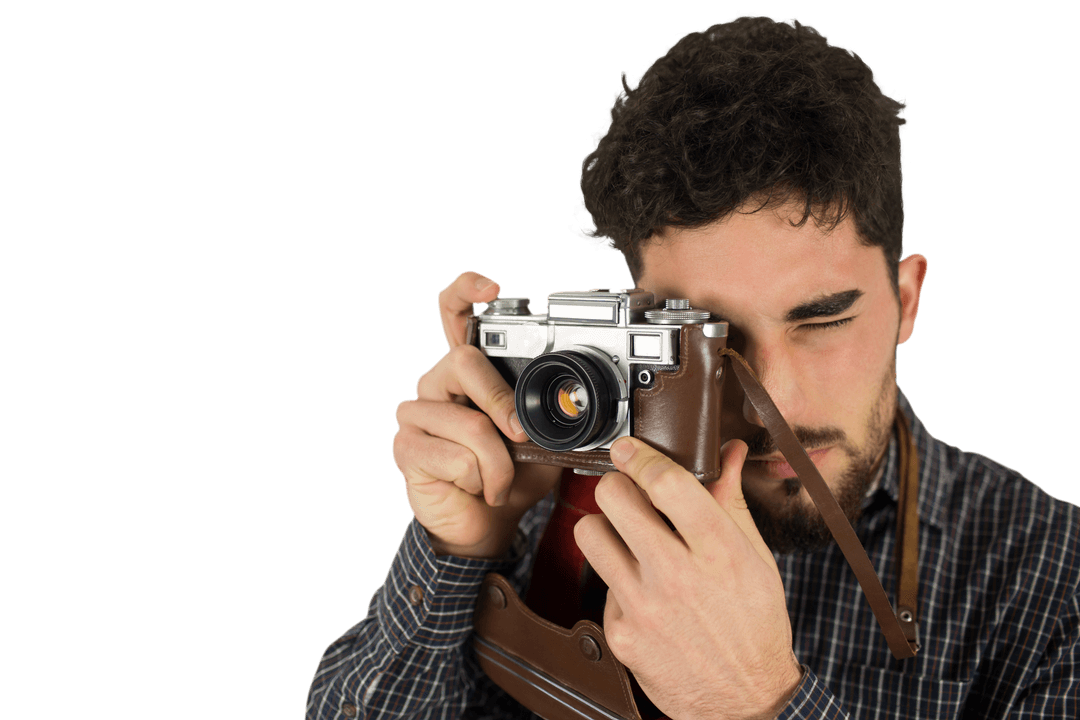 Casual Photographer with Vintage Camera on Transparent Background