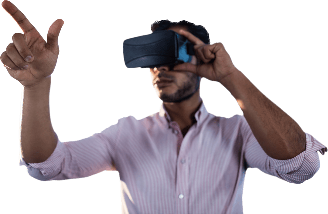 Caucasian Man Using VR Headset on Transparent Background for Innovative Technology