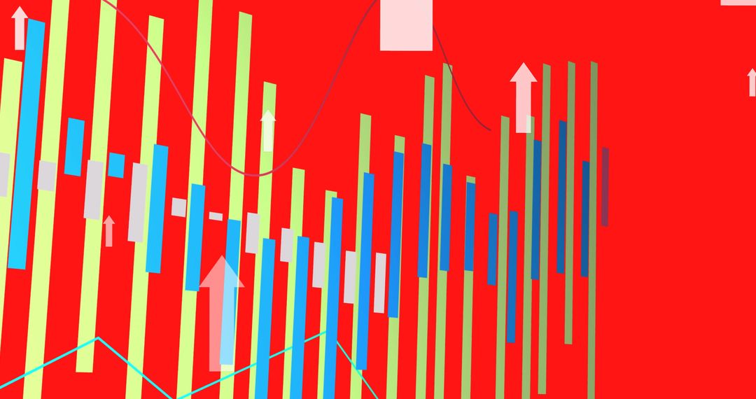 Colorful Bar Charts and Arrows on Vivid Red Background