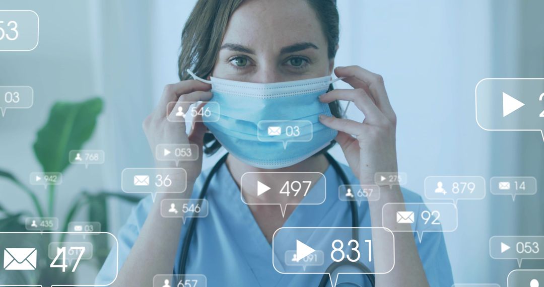 Nurse Adjusting Mask While Digital Notifications Pop Up